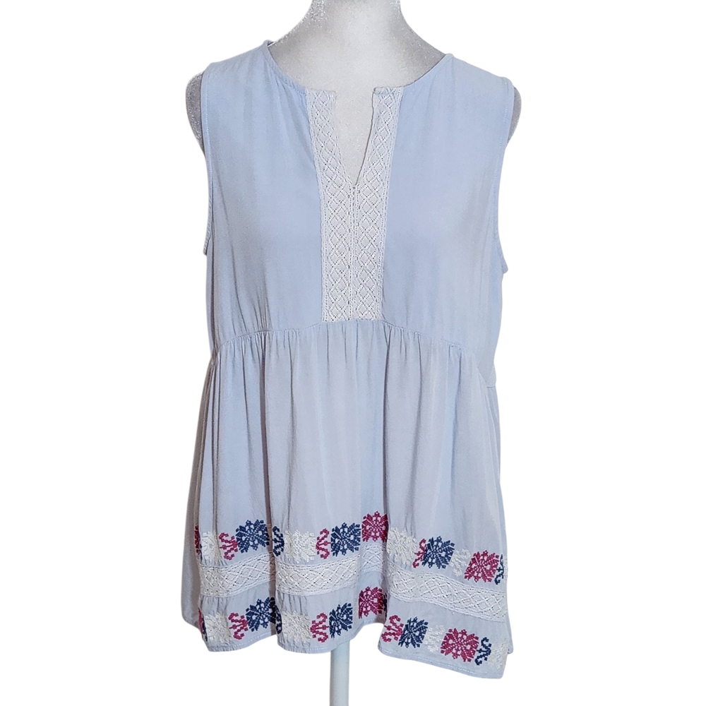 L. Love Blue Embroidered Sleeveless Top Size Medium Light Blue Boho Blouse